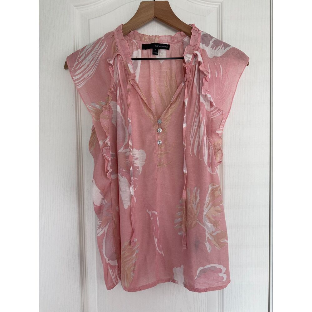 Harve Benard Women's Pink Floral Ruffle Blouse Rayon Polyester Blend Size S